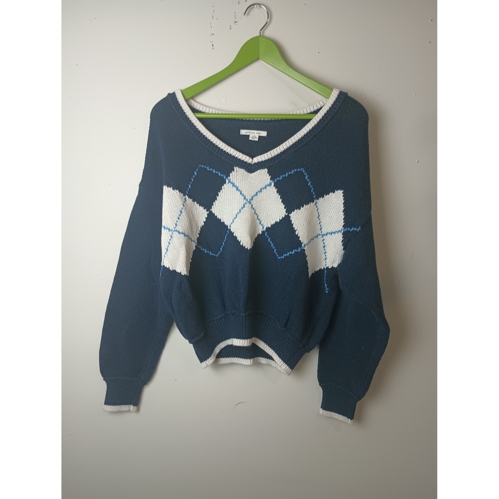 American Eagle Argyle V-Neck Sweater Teal Blue Cotton Knit Cropped Pullover S